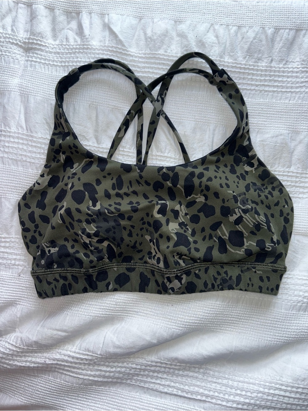 lululemon athletica Olive Green and Black Leopard Print Strappy Sports Bra